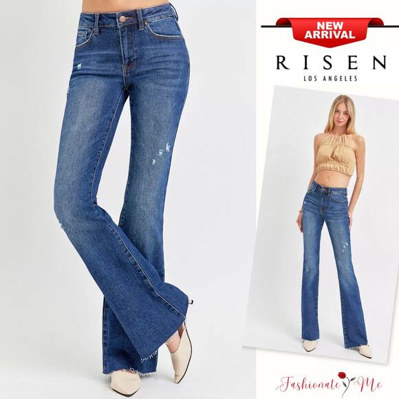 RISEN Distressed Details Mid Rise Waist Raw Hem Dark Washed Flare Denim Jeans - Picture 1 of 8